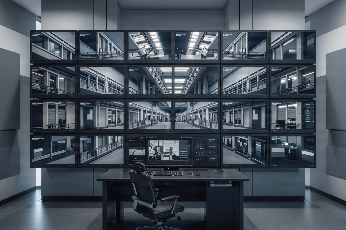Surveillance monitors in a security room showing building hallways. Realistic feeds. No people.